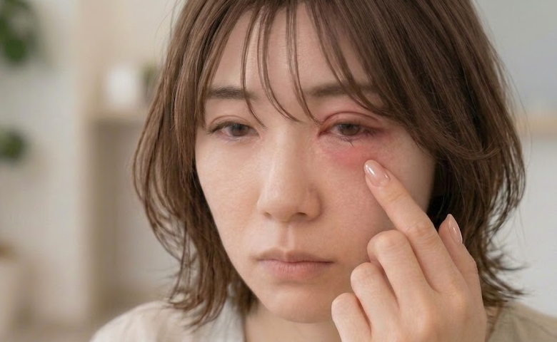 まつエク施術によってグルーアレルギーを片目に発症し、困った様子の女性
